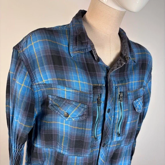 Guess Los Angeles Women's L Regular Fit Blue Plaid Flannel Shirt - Picture 4 of 10